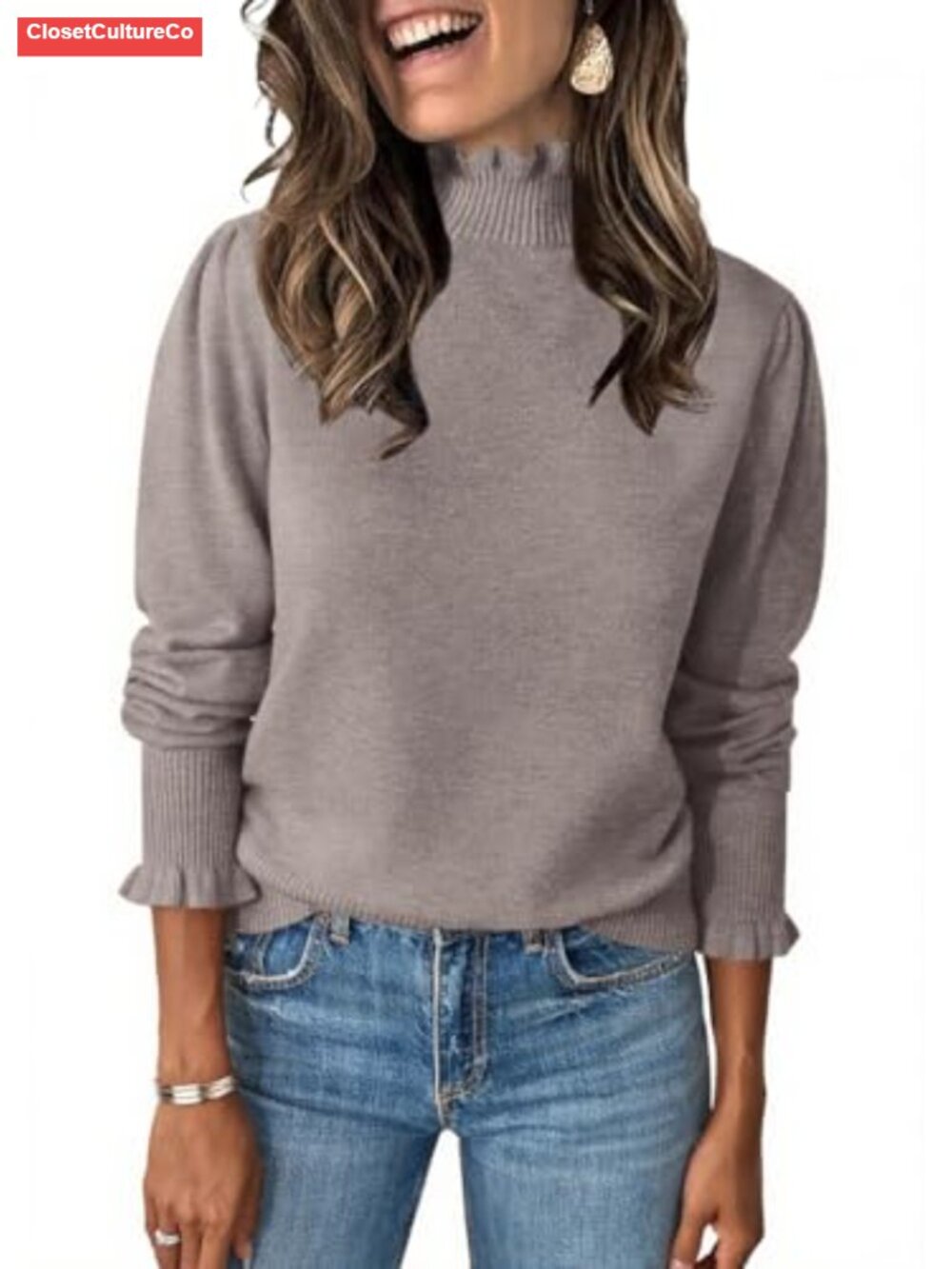 Ruffle Mock Neck Puff Sleeve Pullover Sweater